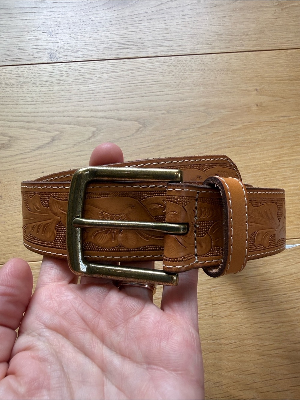 American Eagle Outfitters Tooled Brown Leather Belt with Brass Buckle